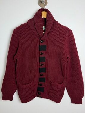 Vintage Hand Knit 100% Wool Burgundy Shawl Collar Cardigan